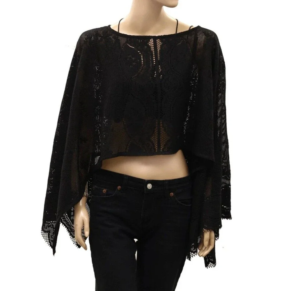 Free People Elsa Poncho Cropped Top Sheer Crochet Lace Draped Black OS 290717